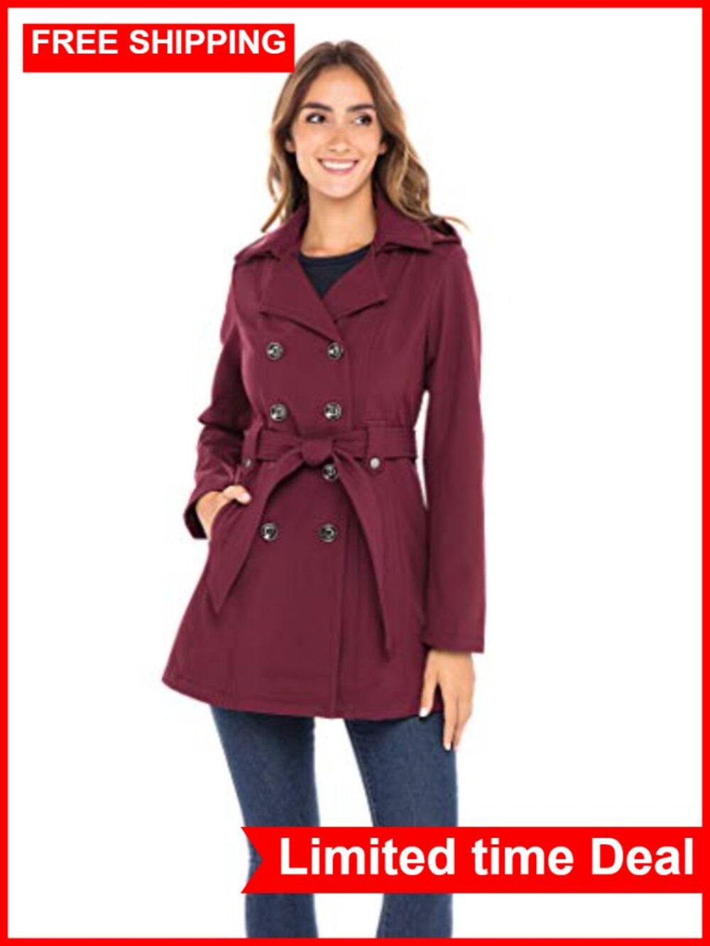 Soft Shell Trench Coat Detachable Hood Double Breasted Belted Women's